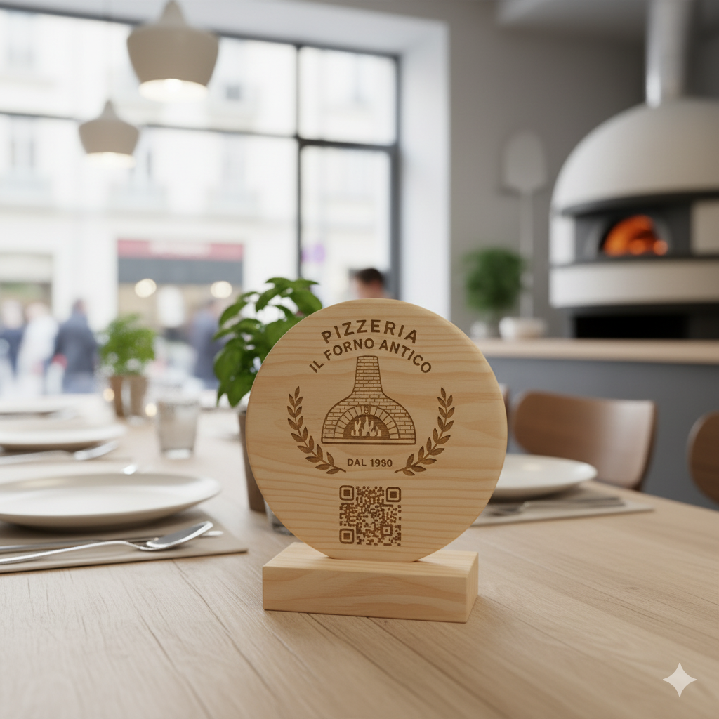 Menù con codice QR inciso e logo, porta menù da tavolo, porta menù per ristoranti, porta menù personalizzato