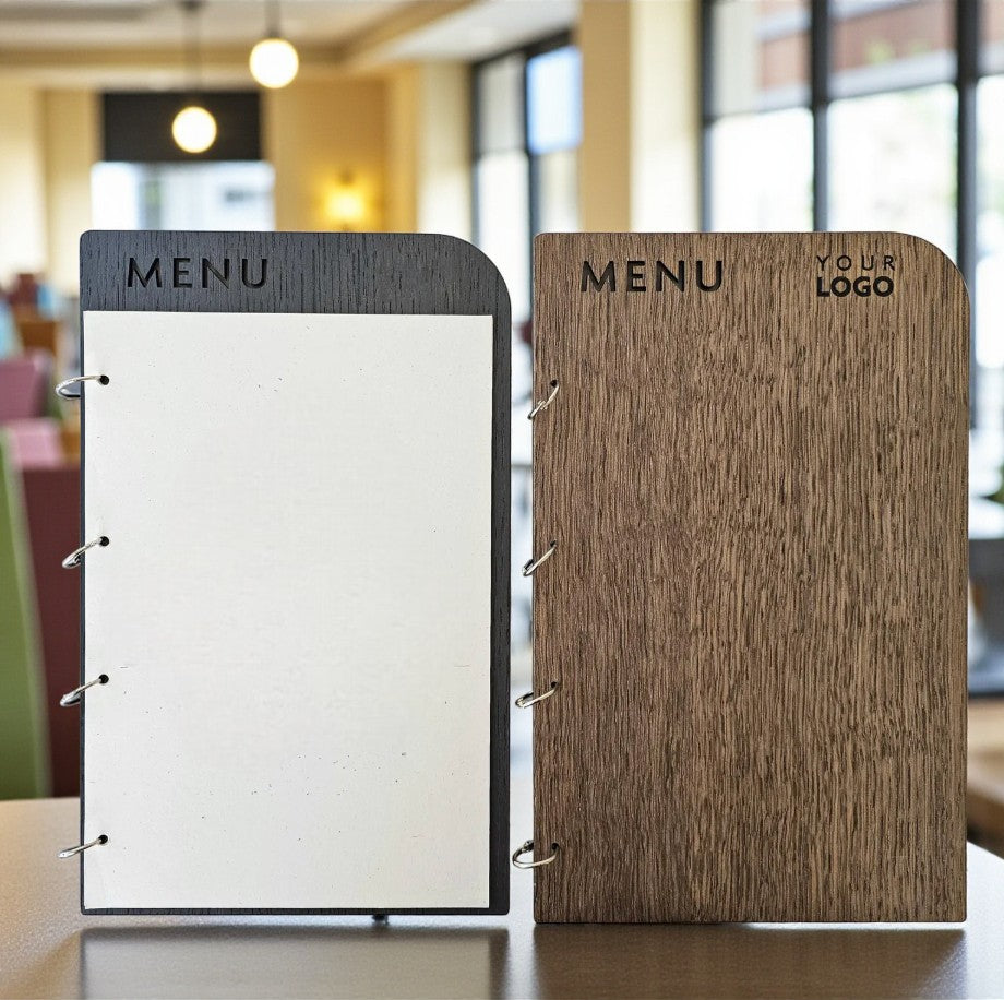 Porta menù in legno nero simil ebano formato A4/A5 per HoReCa (Hotel, Ristoranti, Bar), Porta menù personalizzato, Porta menù inciso con anelli, Menù con logo