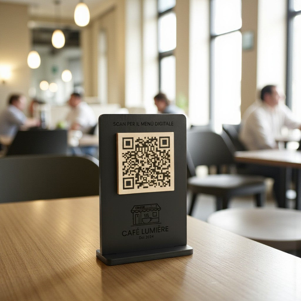 qr code cavalierino in legno noce scuro con incisione personalizzata logo per ristorante bar pub locale rustico