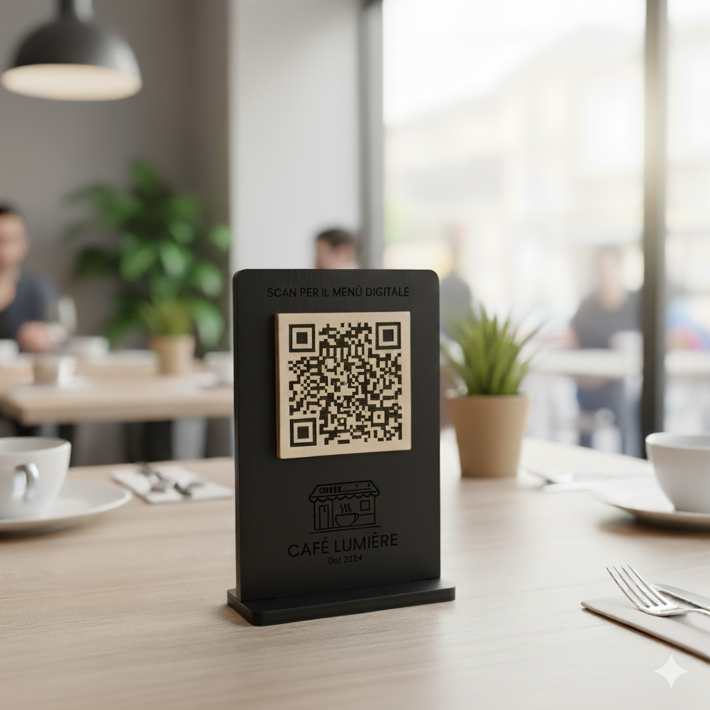 qr code cavalierino in legno noce scuro con incisione personalizzata logo per ristorante bar pub locale rustico