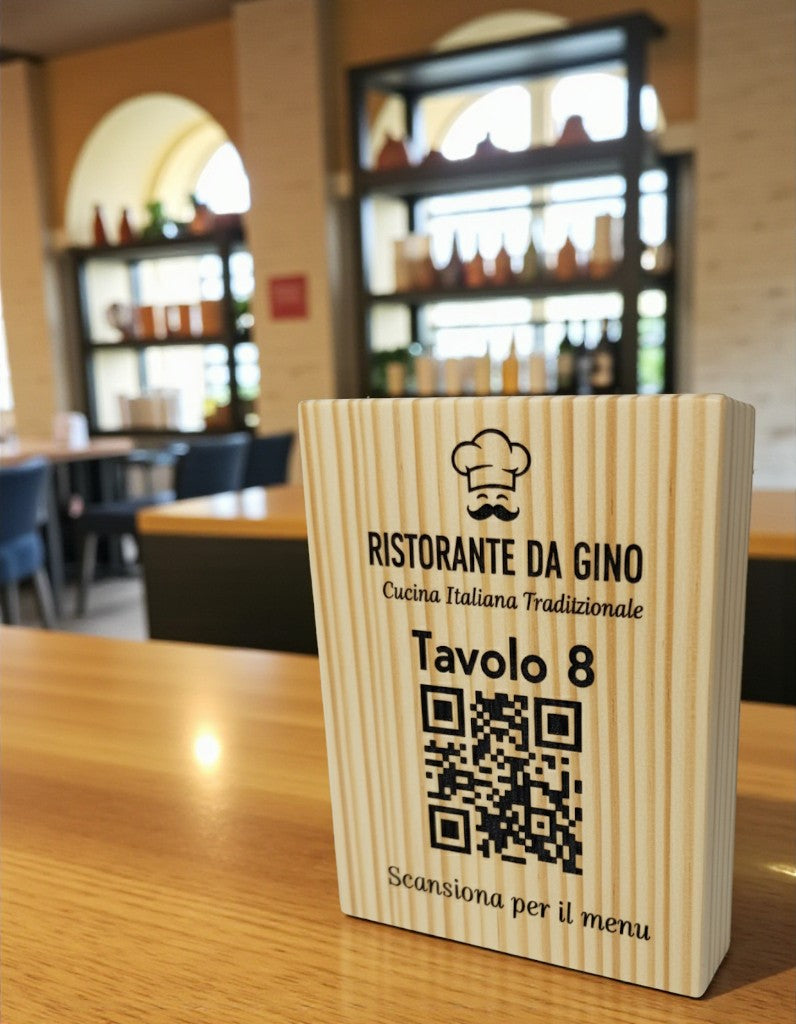Totem in legno con QR Code inciso menù digitale inciso al laser