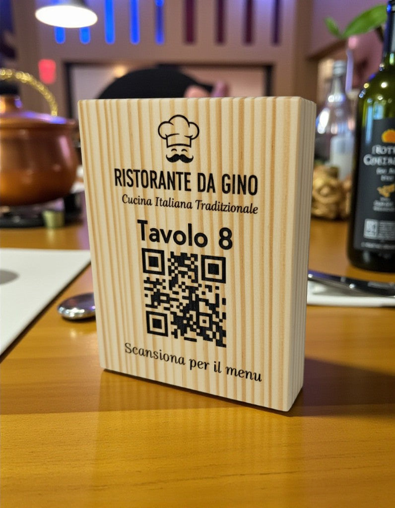 Totem in legno con QR Code inciso menù digitale inciso al laser