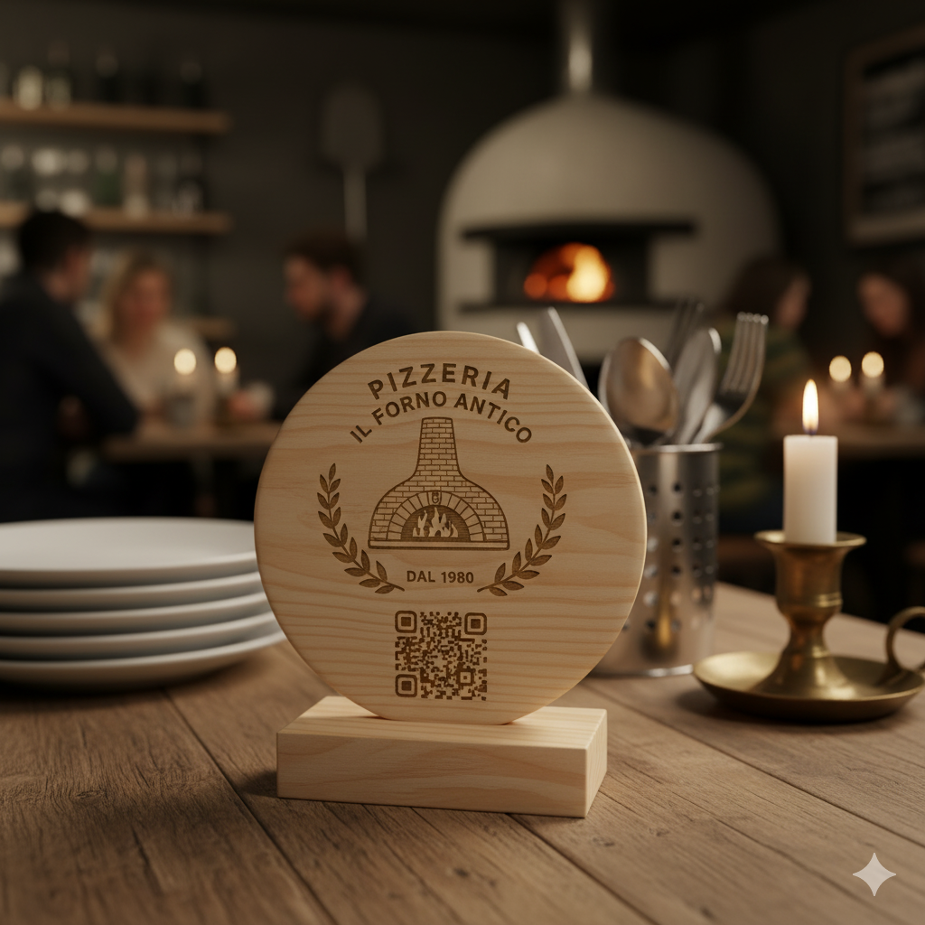 Menù con codice QR inciso e logo, porta menù da tavolo, porta menù per ristoranti, porta menù personalizzato