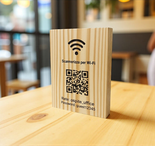 Totem in legno con QR Code inciso wifi  –Scansiona per il cartello WiFi - Cartello con codice QR in legno per l'accesso WiFi - Targa con codice QR WiFi in legno di quercia personalizzata - Cartello WiFi modificabile - QR per Business Cafe Hotel