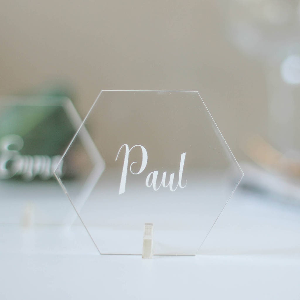 Tag / Segnaposto esagonale in plexiglass trasparente inciso laser Battesimo / Matrimonio / Nozze / Comunione