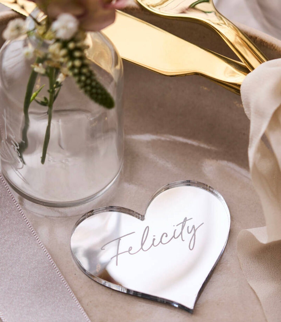 Tag / Segnaposto cuore in plexiglass specchiato rettangolare oro o argento Battesimo / Matrimonio / Nozze / Comunione