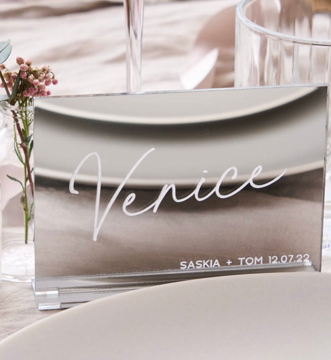 targhetta segnaposto matrimonio in forma rettangolare in plexiglas specchiato argento laser Battesimo / Matrimonio / Nozze / Comunione