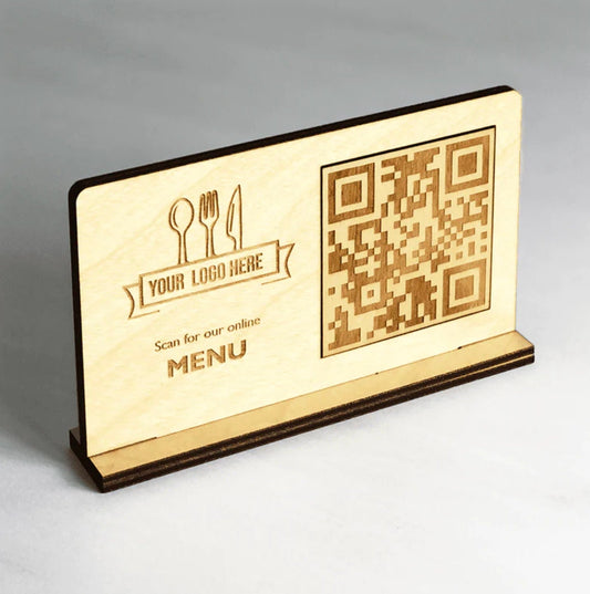 qr code da tavolo Portamenu 10-50-100 pz in legno naturale, mogano, ebano personalizzati con incisione laser logo ristorante economico