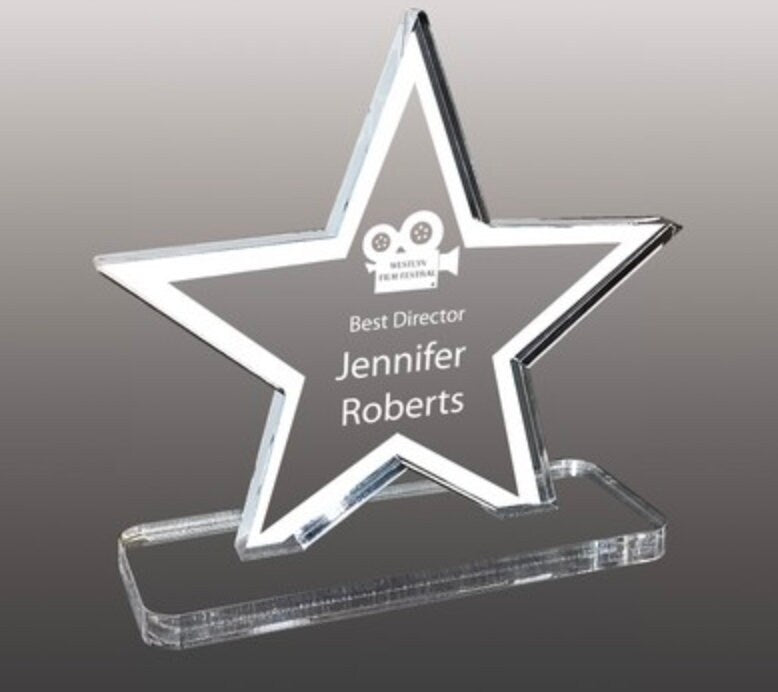 premio a forma di stella economica trofeo economici Mini premio acrilico inciso al laser personalizzato premiazione in plexiglas