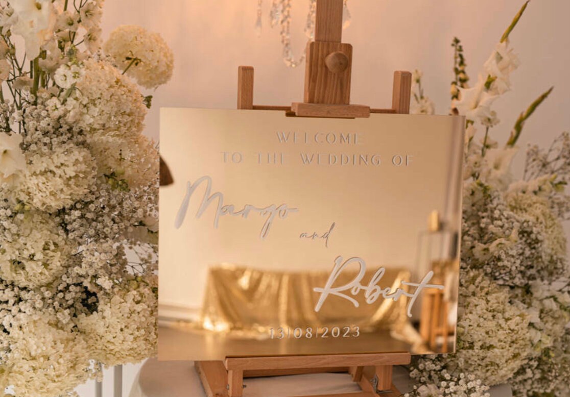 welcome sign in oro specchiato- Doccia nuziale Segno di benvenuto - Segno di benvenuto Matrimonio moderno - Arredamento luxury di nozze