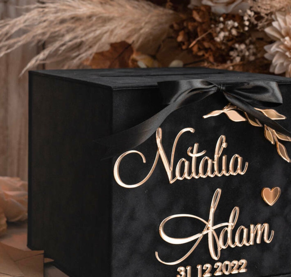scatola per matrimoni in nero e lettere oro a rilievo per buste regali –  eclaserstudiostore